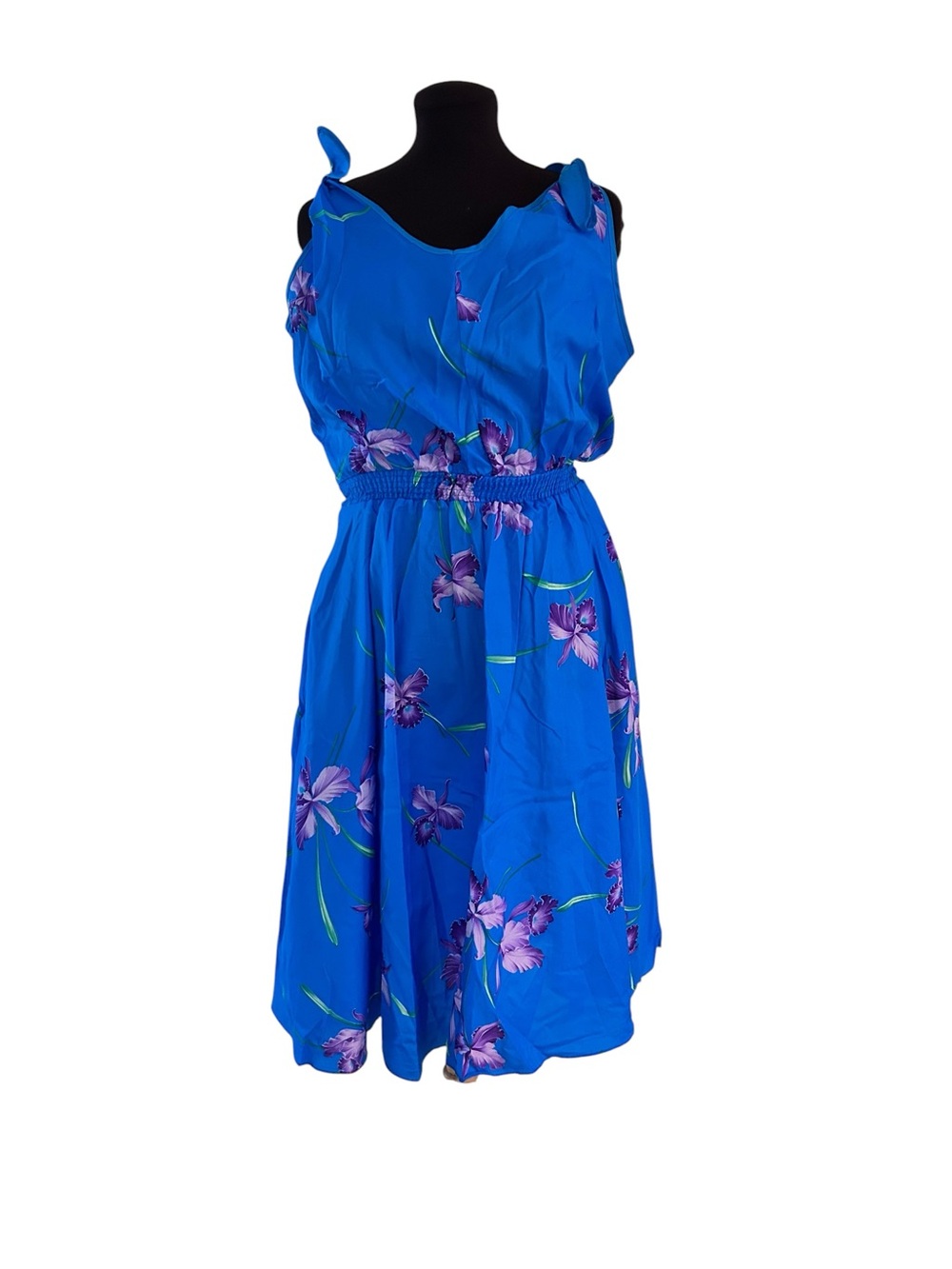 Vintage Hawaiian Dress Size L Sundress Royal Blue Purple Floral Shoulder Ties